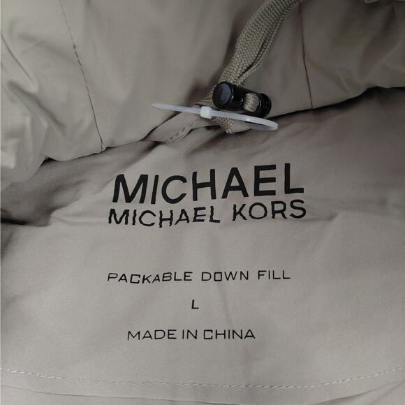Michael Michael Kors Womens Down Puffer Jacket Coat Large Taupe Hooded Packable - Picture 6 of 13